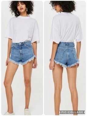 Topshop Moto Kiri Denim Shorts Cheeky Blue High Waist Fray Hem 8 Festival